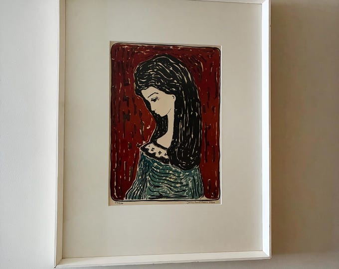 Framed woodcut print by Norwegian artist Jens Mathiesen 1961