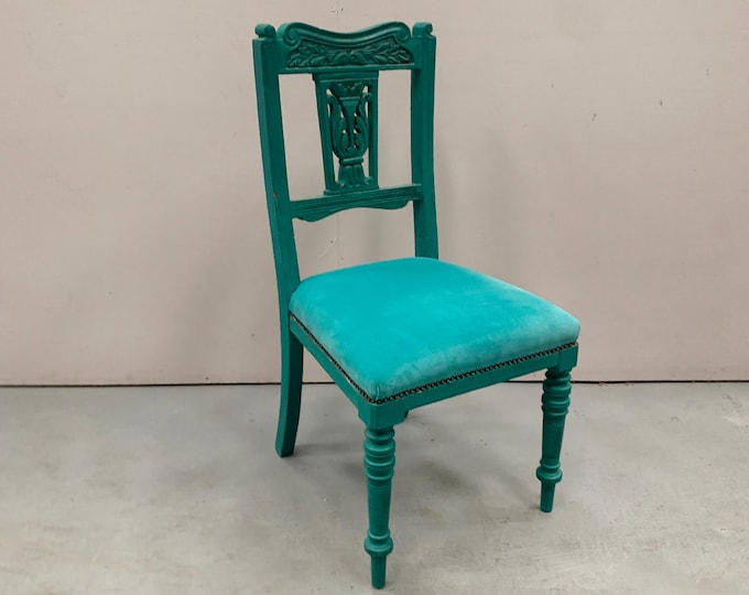 Shabby Chic Carved Wooden Chair with Velvet Seat