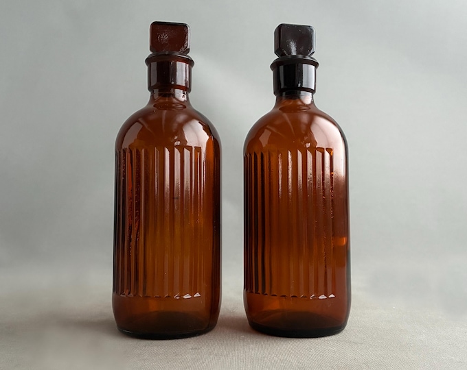 Pair of Vintage Amber Brown Glass Apothecary Ribbed Poison Bottle