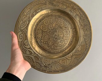 19世紀後半または20世紀初頭のヴィンテージ中国製真鍮製壁掛けプレート