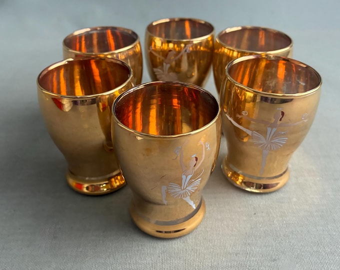 1950s gold ballerina shot glasses x 6