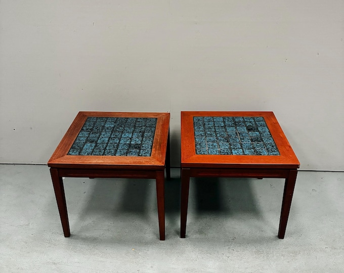pair of Danish teak and blue tile top side tables