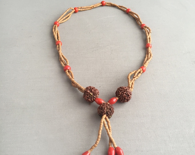 Rudraksha necklace with wooden and red glass beads