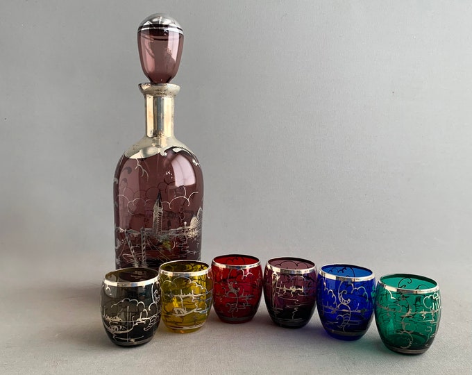 venetian glass harlequin decanter and shot glasses