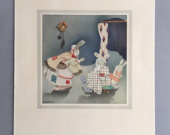 May include: A vintage illustration of three white rabbits in a room. The rabbit in the center is wearing a plaid dress and sitting on a stool. The rabbit on the left is wearing a patchwork dress and a cape. The rabbit on the right is wearing a pink dress. The illustration is in a muted color palette with shades of blue, pink, and white.