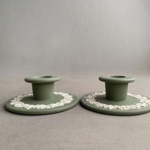Wedgwood Jasperware Green Grapevine Banquet Candlestick Holders