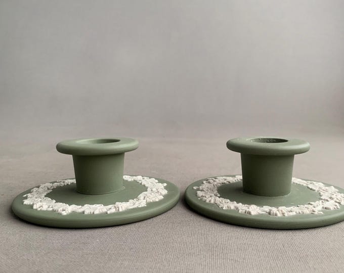 Wedgwood Jasperware Green Grapevine Banquet Candlestick Holders