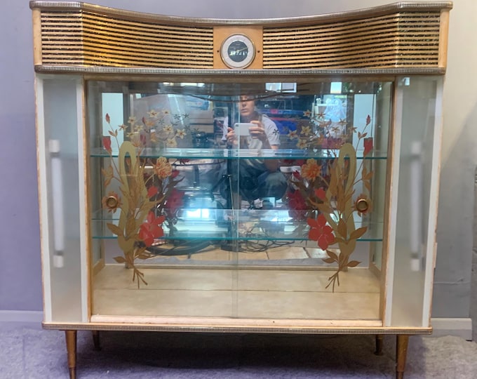 1960s retro cocktail cabinet Mid-Century Style Display Cabinet with Built-In Clock