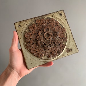 Puede incluir: Un azulejo de cerámica cuadrado con un diseño circular en relieve de remolinos marrones. El azulejo tiene un fondo beige moteado.