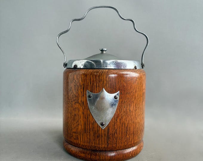 Antique English Oak and Silverplate Biscuit Barrel