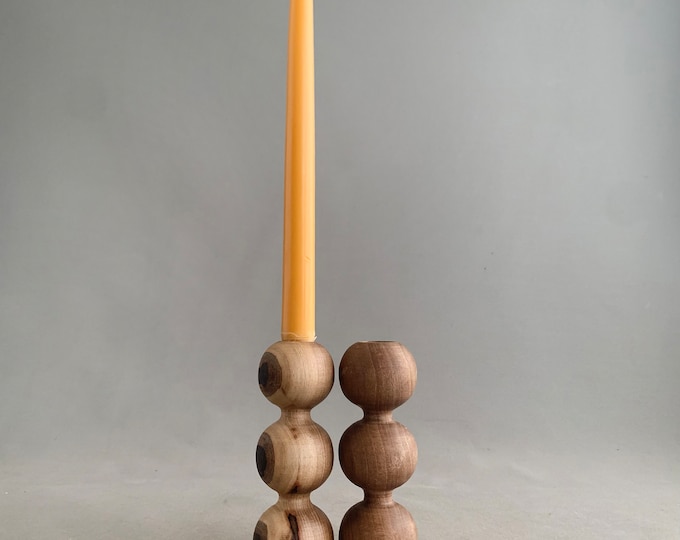 Pair of hand turned wooden candlestick holders