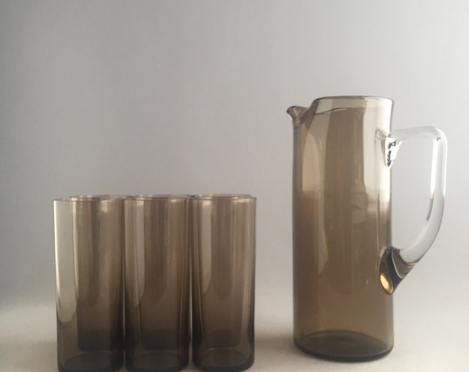 1970s smoke glass jug and tumbler set