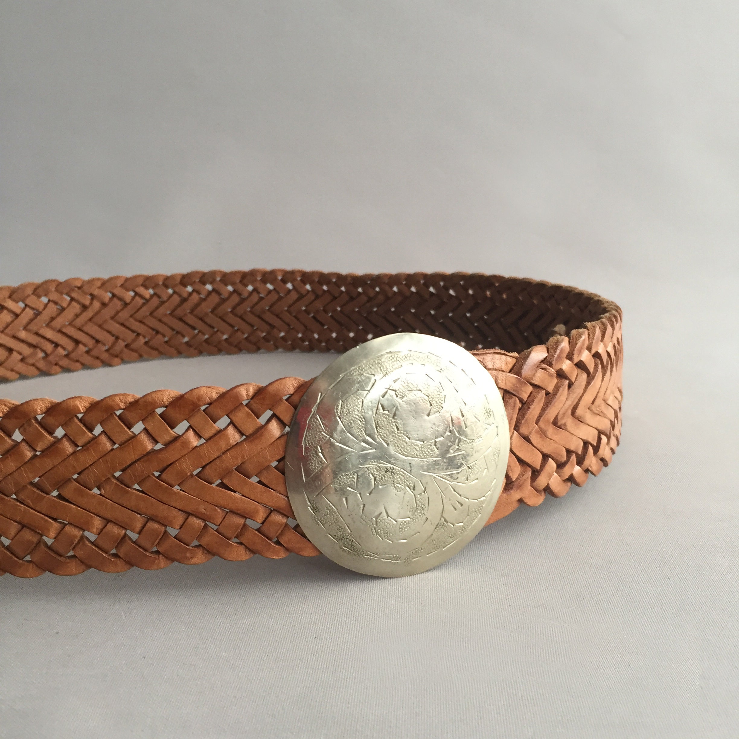 woven moroccan leather belt with metal engraved buckle