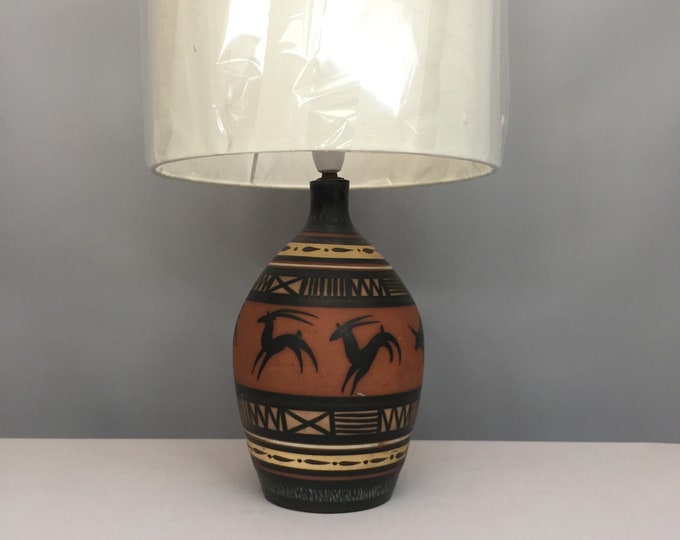 1950s Paignton pottery ceramic lamp base and linen shade