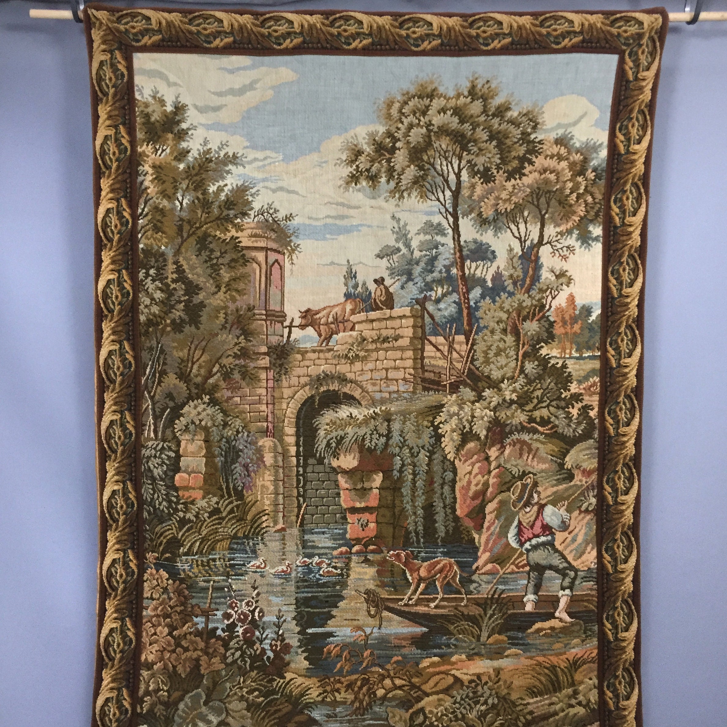 VTG Gobelin Belgium Wall Tapestry ERROR BLUE FACES Music Dancing Rococo  35x27