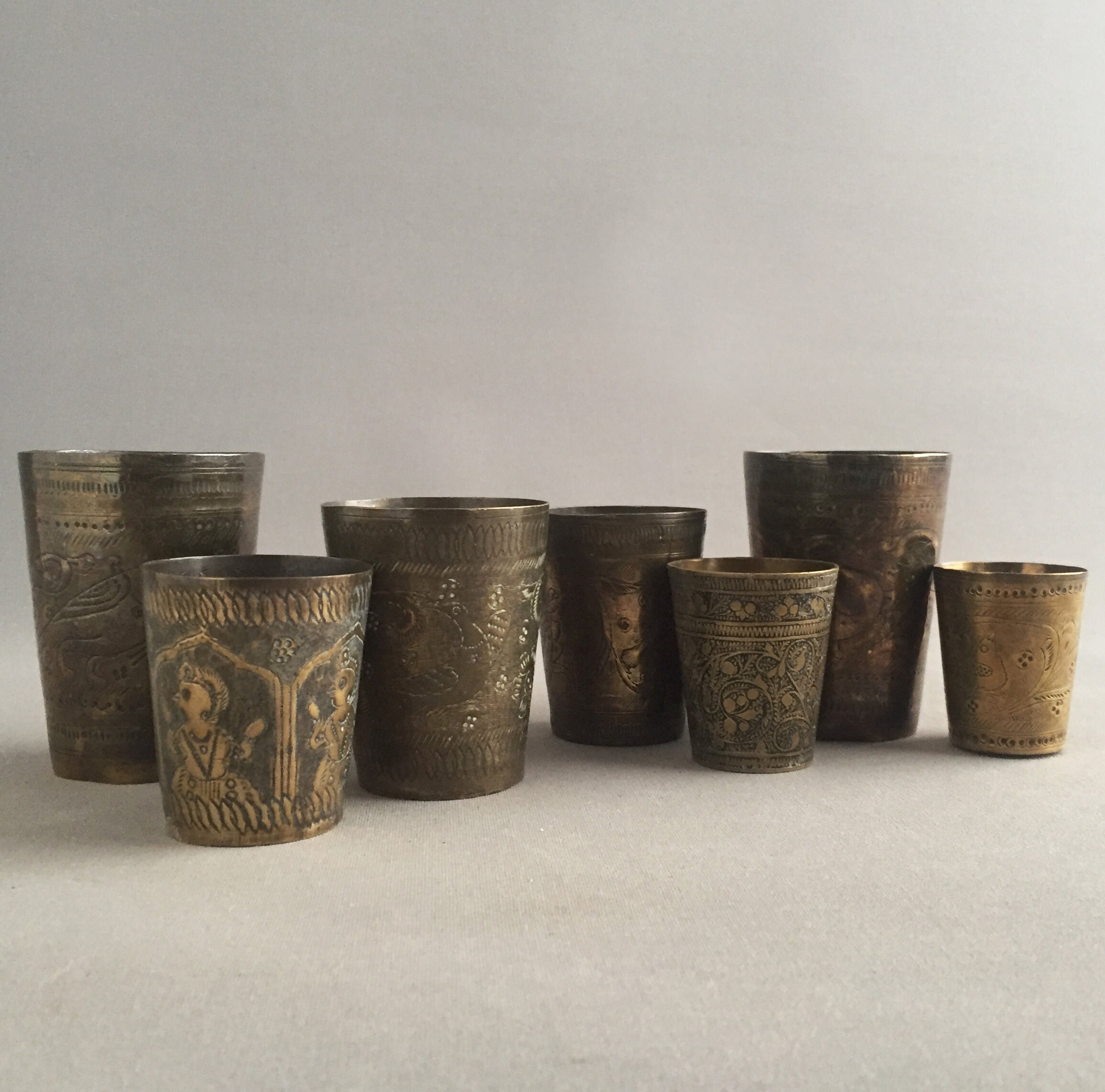 set of 7 Vintage brass Lassi Cup, Engraved Indian Brass
