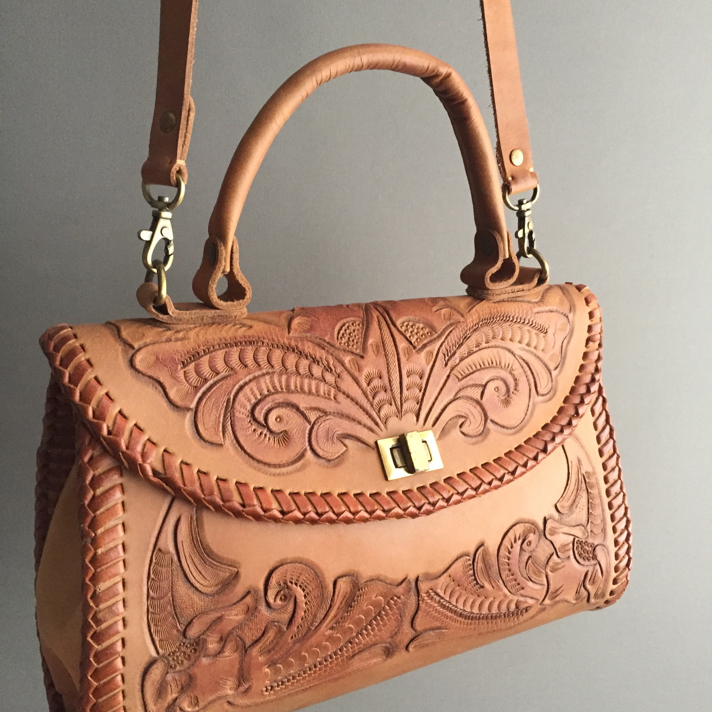 cross body tooled leather handbag