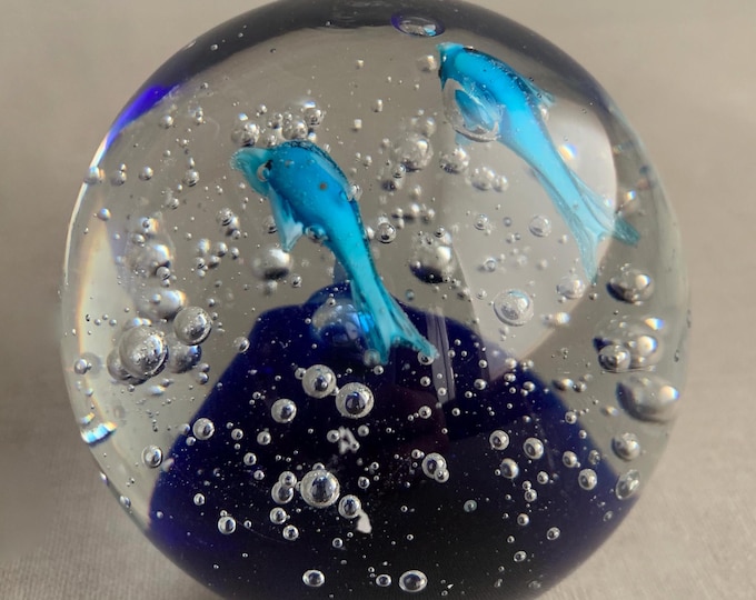 Murano glass paperweight 2 dolphins and the sea