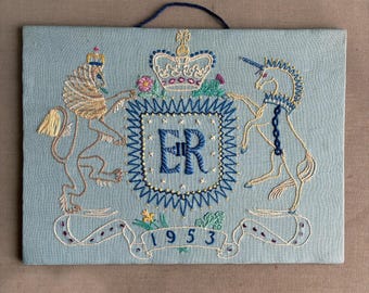 1953 coronation of Queen Elizabeth II vintage hand-embroidered decorative panel
