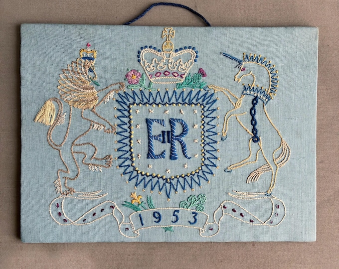 1953 coronation of Queen Elizabeth II vintage hand-embroidered decorative panel