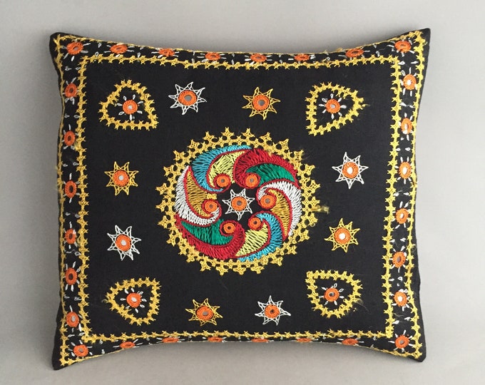 embroidered black linen cushion cover