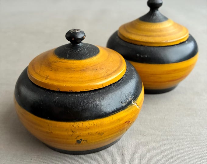 pair of decorative painted turned wood lidded trinket pots