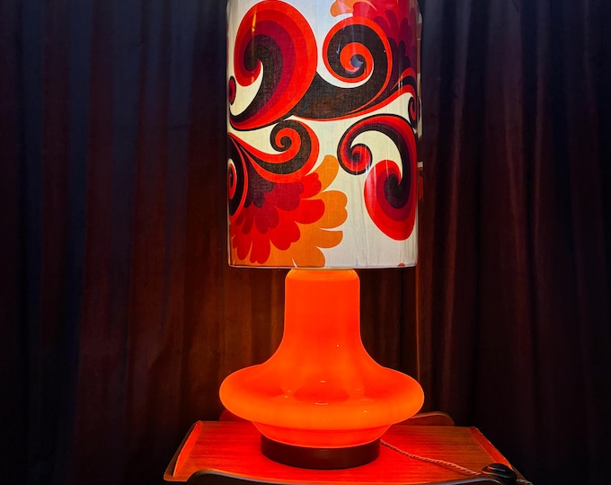 1970 illuminated orange opaline glass lamp and psychedelic shade