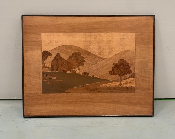 Antique Marquetry Picture of Scottish landscape featuring cardrona tower by AJ Rowley