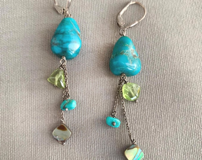 Sterling silver turquoise, peridot, and shell drop earrings