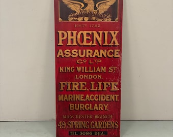 1920s XL Hand-painted wooden advertising sign for the Phoenix Assurance Company Ltd