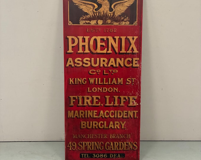 1920s XL Hand-painted wooden advertising sign for the Phoenix Assurance Company Ltd