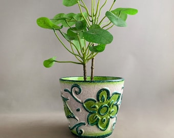 May include: A decorative ceramic flower pot with a green and white floral design, holding a green leafy plant. The pot has a textured surface and a green rim. The plant has round, green leaves.