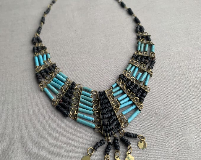 Faience bead bib necklace Art deco style  /Egyptian revival  circa 1970