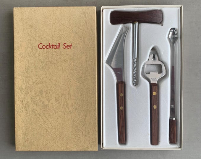 Vintage teak and stainless steel cocktail set