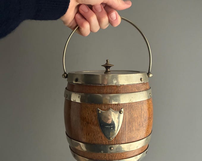 Antique English Oak and Silverplate Biscuit Barrel