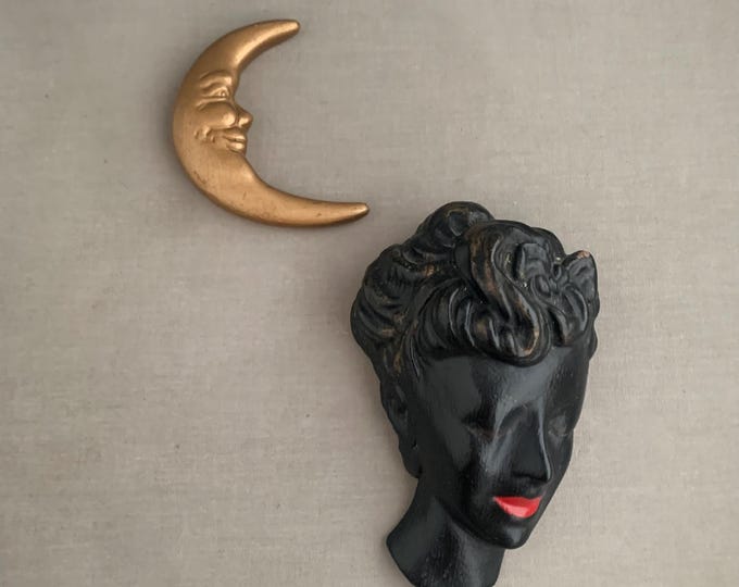 1950s plaster wall mask lady and cresent moon