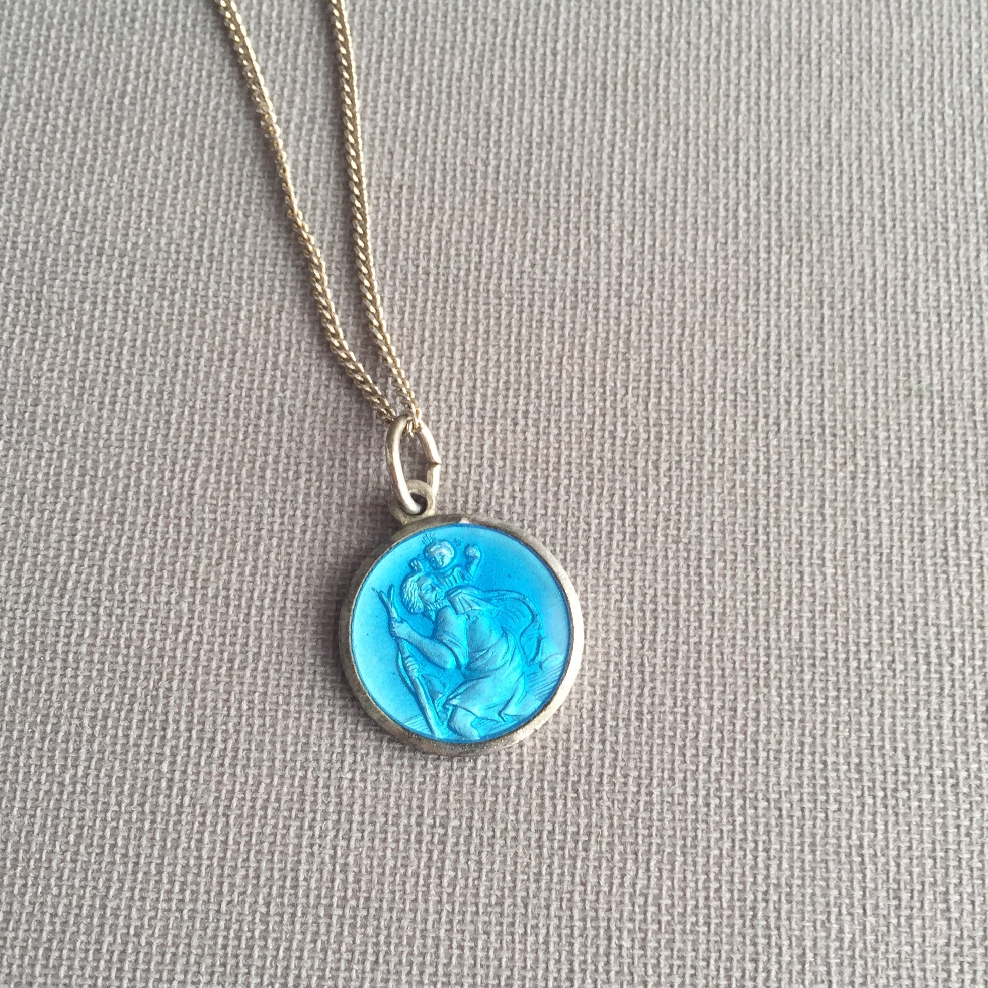 vintage Saint Christopher enamel pendant on silver chain