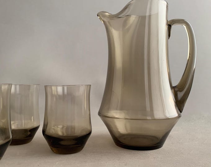 1970s studio smoked Glass Jug and tumbler set in original box