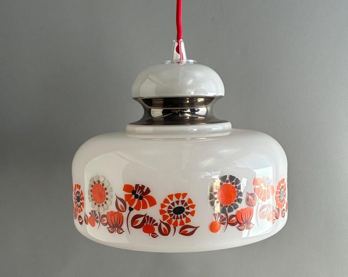 1970s pendant lamp opaline white glass retro floral design
