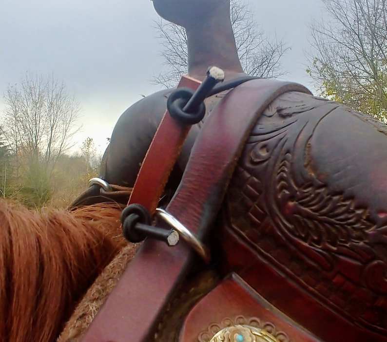 Op de afbeelding: Close-up van een bruin leren zadel met ingewikkelde houtsnijwerk en een turquoise accent. Een zwarte leren riem met een zilveren gesp is bevestigd aan het zadel.
