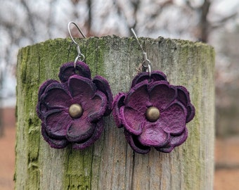 Leather Flower Earrings - Dangle OR Post Multiple Colors