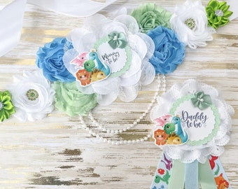 Dinosaur Baby Shower Sash, Blue and Green Baby Dinosaur Baby Shower Sash, Mommy to be Sash for Baby Shower, Dinosaur Baby Shower Sash