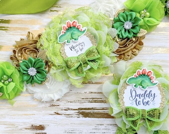 Green Baby Dinosaur Baby Shower Sash and Matching Family Pins, Dinosaur Baby Shower Sash and Pins for Baby Shower, Dinosaur Decor theme