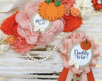 Orange Pumpkin Baby Shower Sash, Little Pumpkin Baby Shower Mommy to be Sash and Family Pins, Fall Baby Shower