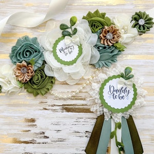 Greenery Baby Shower Sash, Greenery Maternity Sash , Sage Gold Cream Baby Shower Sash ,Pregnancy Sash ,Mommy Sash , Greenery Sash Belt
