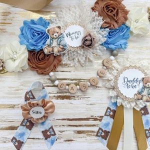 Blue and Brown Teddy Bear Baby Shower Sash for Mommy to be and Matching Family Pins, Teddy Bear Theme
