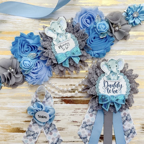 Blue Elephant Baby Shower Mommy to be Maternity Sash and Family Pins