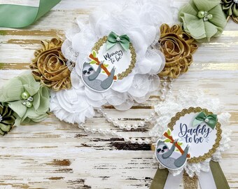 Sloth Baby Shower Sash for Mommy to Be, Gold and Green Sloth Baby