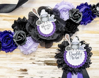 A Baby is Brewing Baby Shower Sash and Family Pins, Halloween Witch Baby Shower Sash for Mommy to be