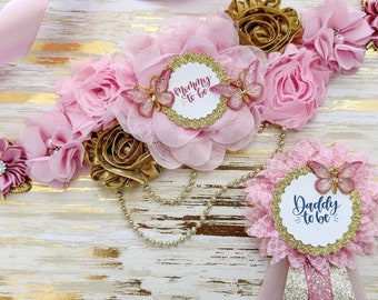 Pink and Gold Butterfly Baby Shower Mommy to be Sash and Family Pins, Butterfly Baby Shower Maternity Sash